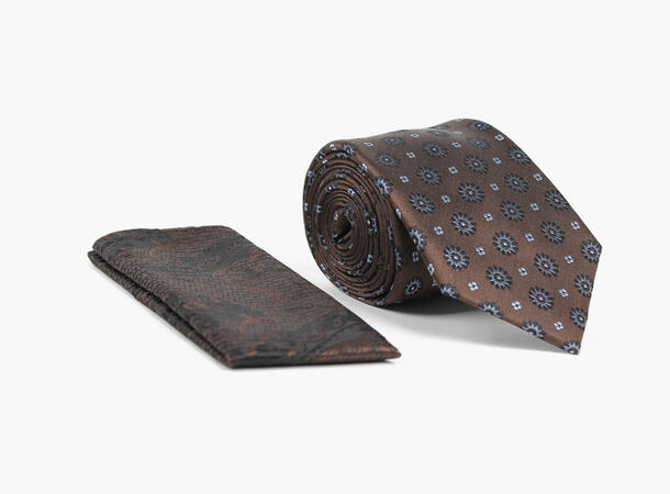 MANZINI 100% silk tie 7,6 cm W / Handky 19 Brown 