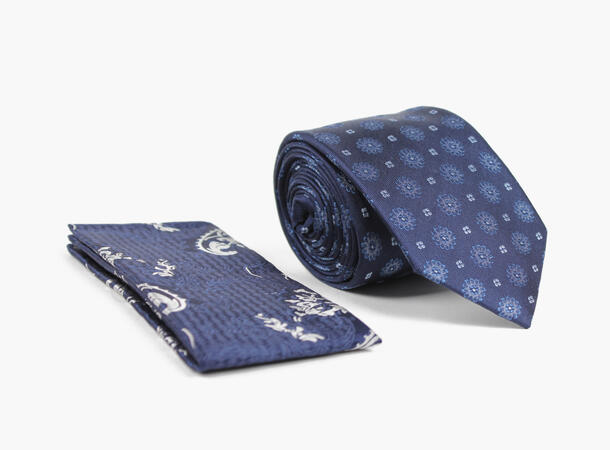 MANZINI 100% silk tie 7,6 cm W / Handky 75 Blue 