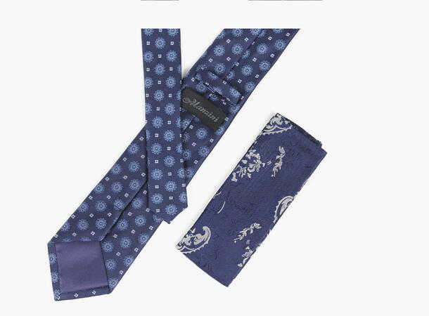 MANZINI 100% silk tie 7,6 cm W / Handky 75 Blue 