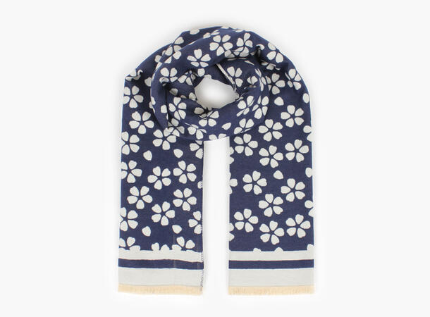 MANZINI Mellomtykt Skjerf med Blomster Marine blå 79 