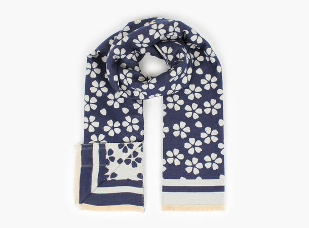 MANZINI Mellomtykt Skjerf med Blomster Marine blå 79 