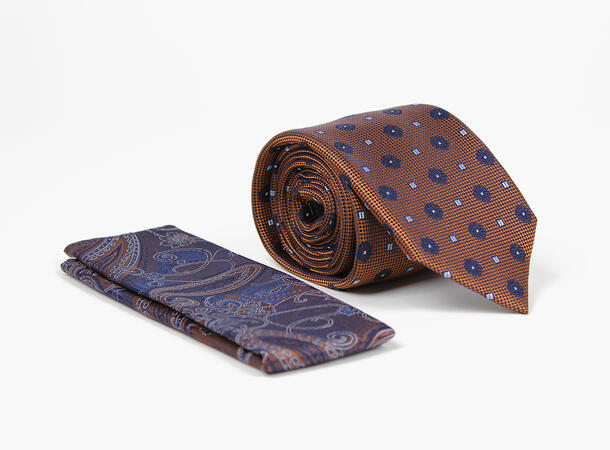 MANZINI 100% silk tie 7,6 cm with handky 39 Burnt Orange 