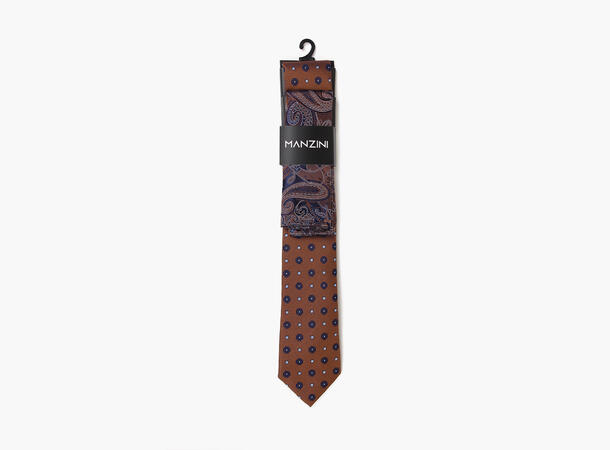 MANZINI 100% silk tie 7,6 cm with handky 39 Burnt Orange 