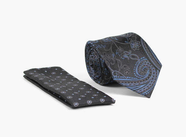 MANZINI 100% silk tie 7,6 cm W/ Handky 09 Black 