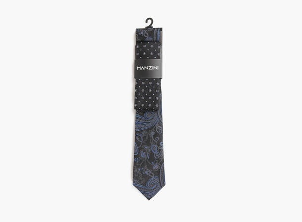 MANZINI 100% silk tie 7,6 cm W/ Handky 09 Black 