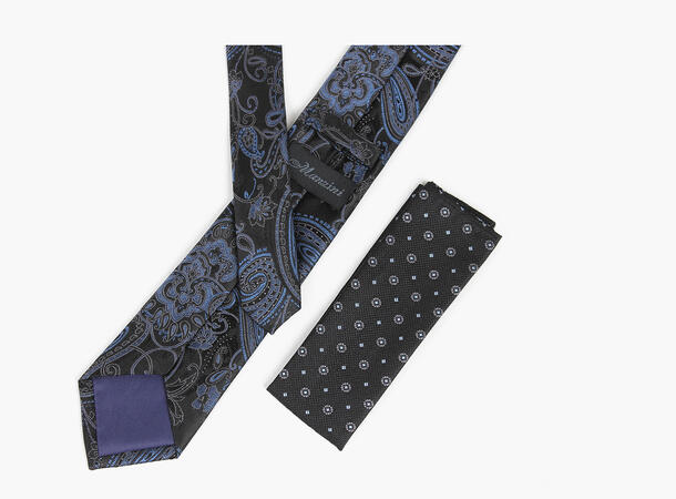 MANZINI 100% silk tie 7,6 cm W/ Handky 09 Black 